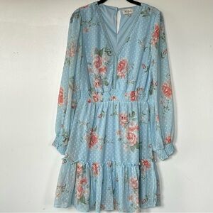 Aura Blue Floral Knee Length Dress Sheer Sleeves Coquette Dainty Feminine